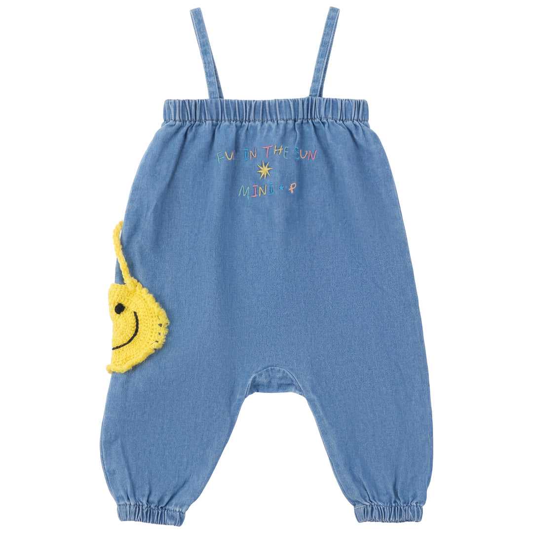 P7418 CROCHET APPLIQUE DENIM ROMPER-DENIM