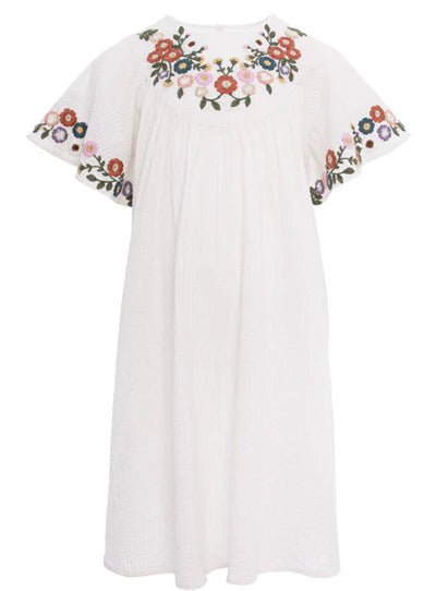 CHRISTINA DRESS-IVORY EMBROIDERED MULTI COLOURED FLOWER