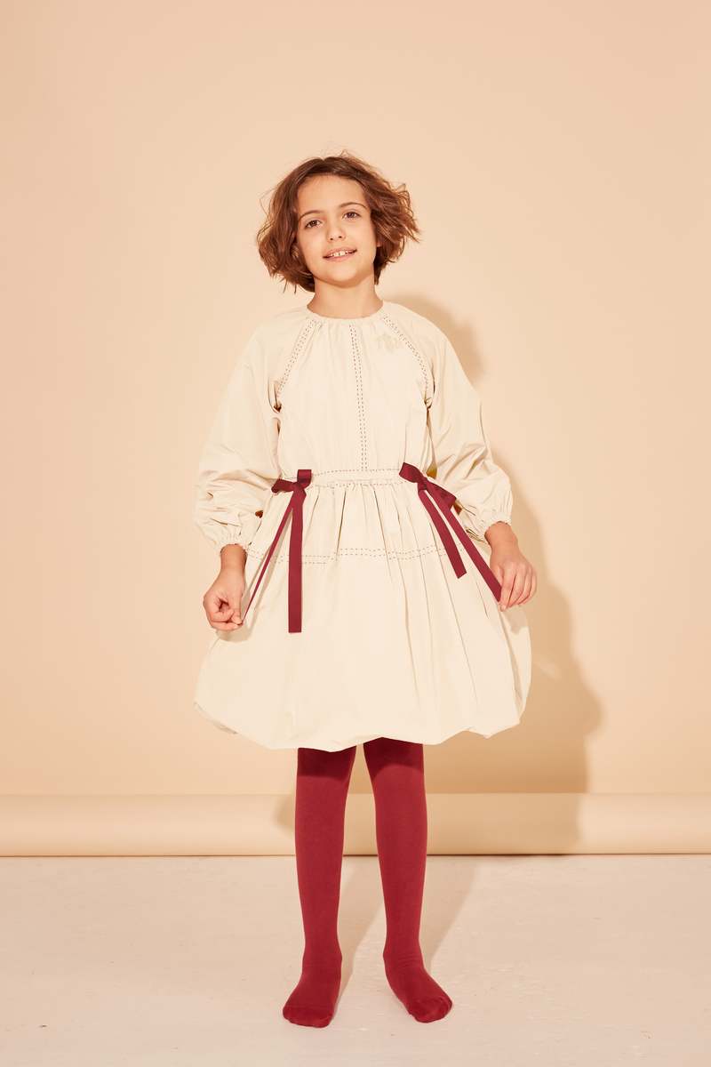PROSPERITY DRESS-IVORY AND MAROON STITCHING