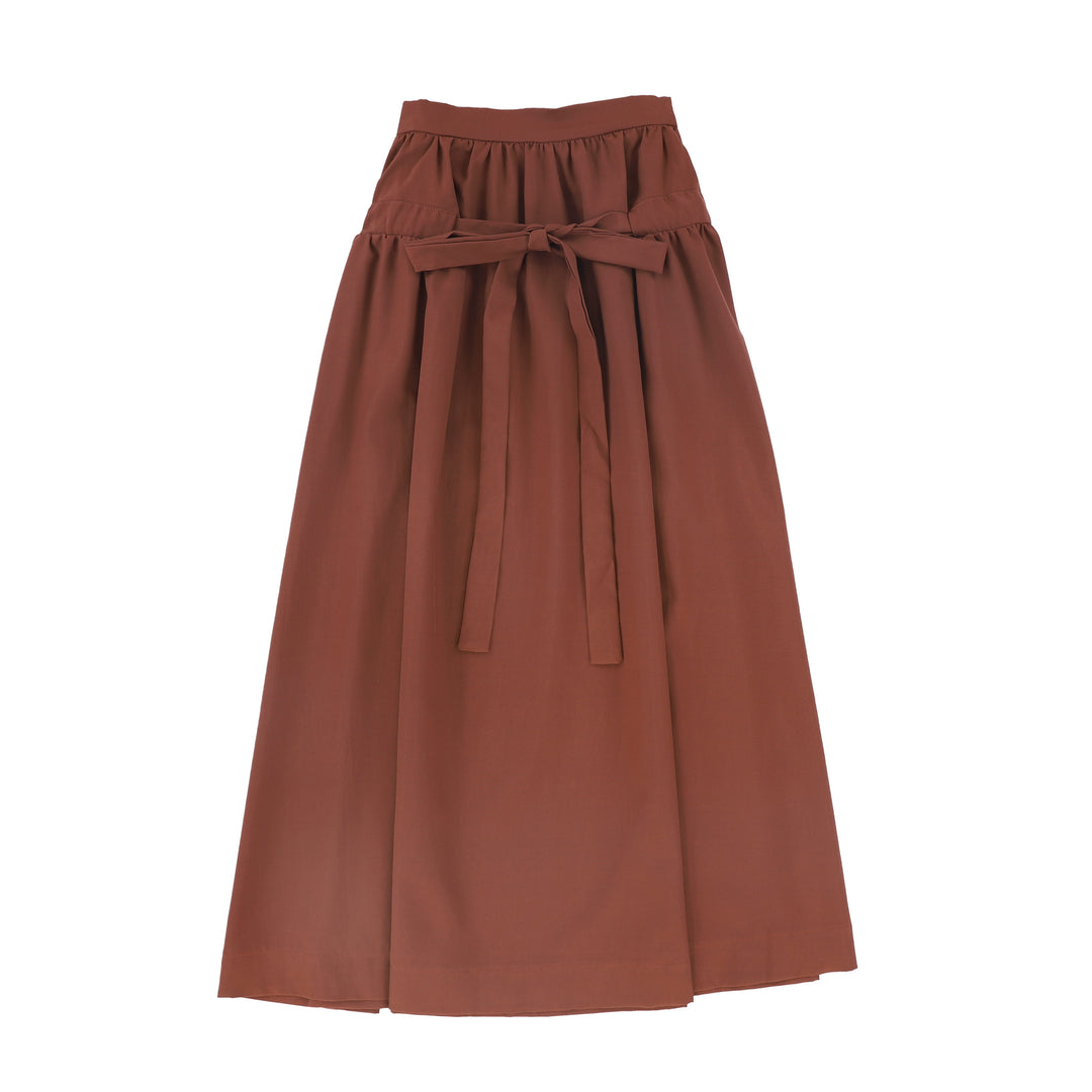 C-22077-Gathered Tie Maxi Skirt -Rust