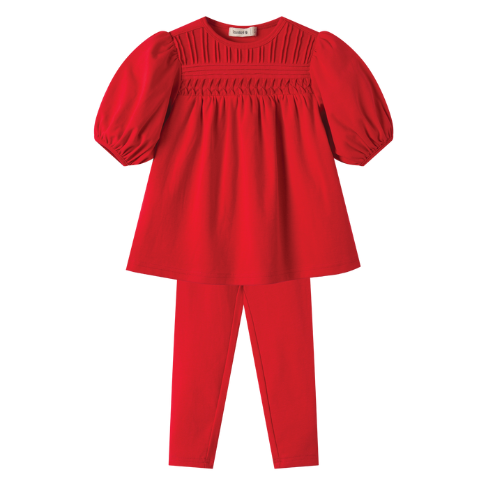 HIGH YOKE TUCKS ROBE SET-RED