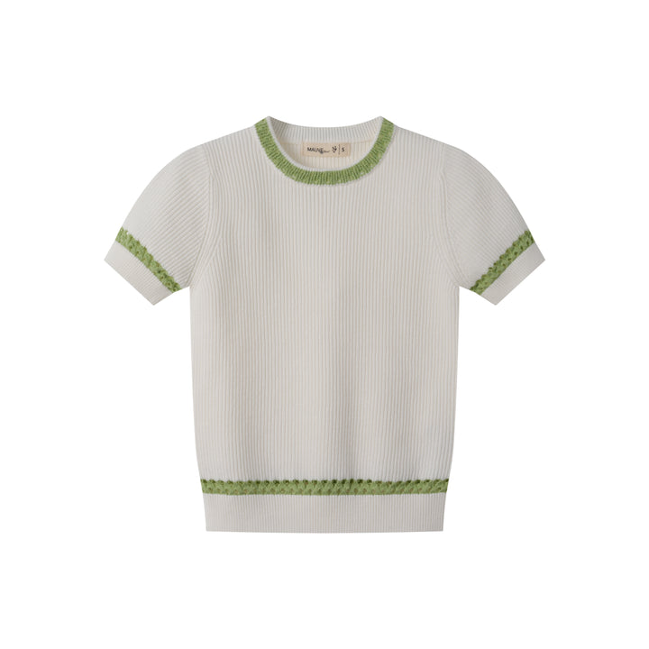 SHORT SLEEVE SWEATER WITH CONTRAST EDGING-WHITE