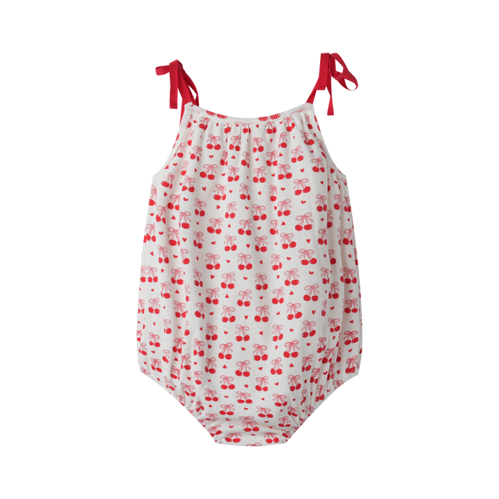 CHERRY PRINT ROMPER WITH SHOULDER TIE-RED