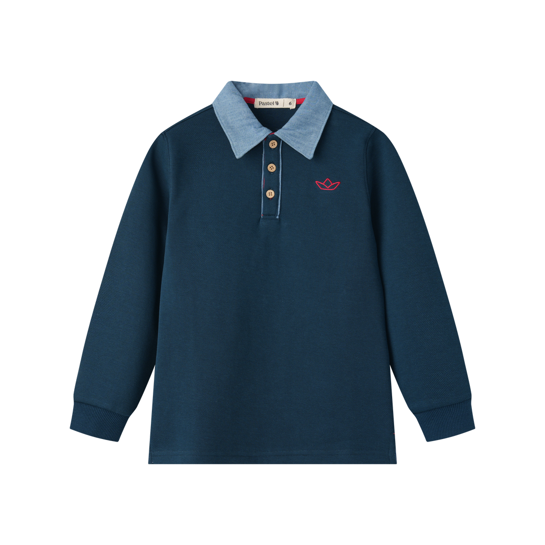 BOYS POLO WITH DENIM COLLAR-NAVY