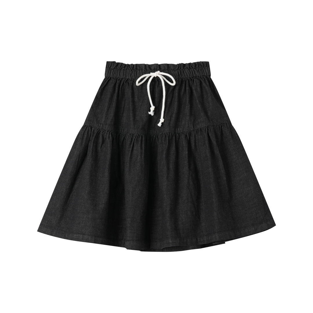 2 TIER SKIRT WITH TIE-BLACK DENIM