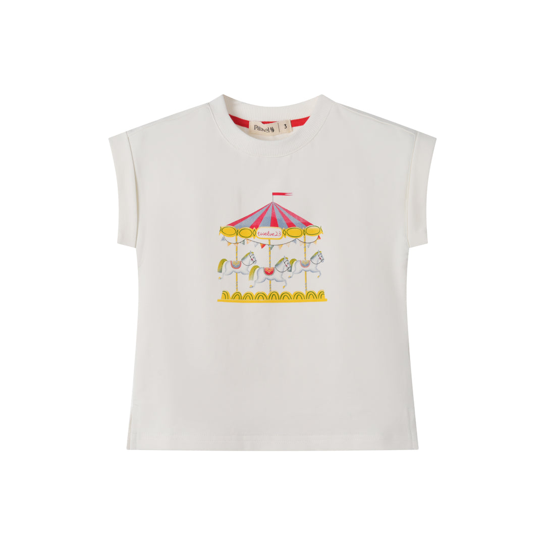 CAROUSEL PRINT SHORT SLEEVE SWEAT-WHITE