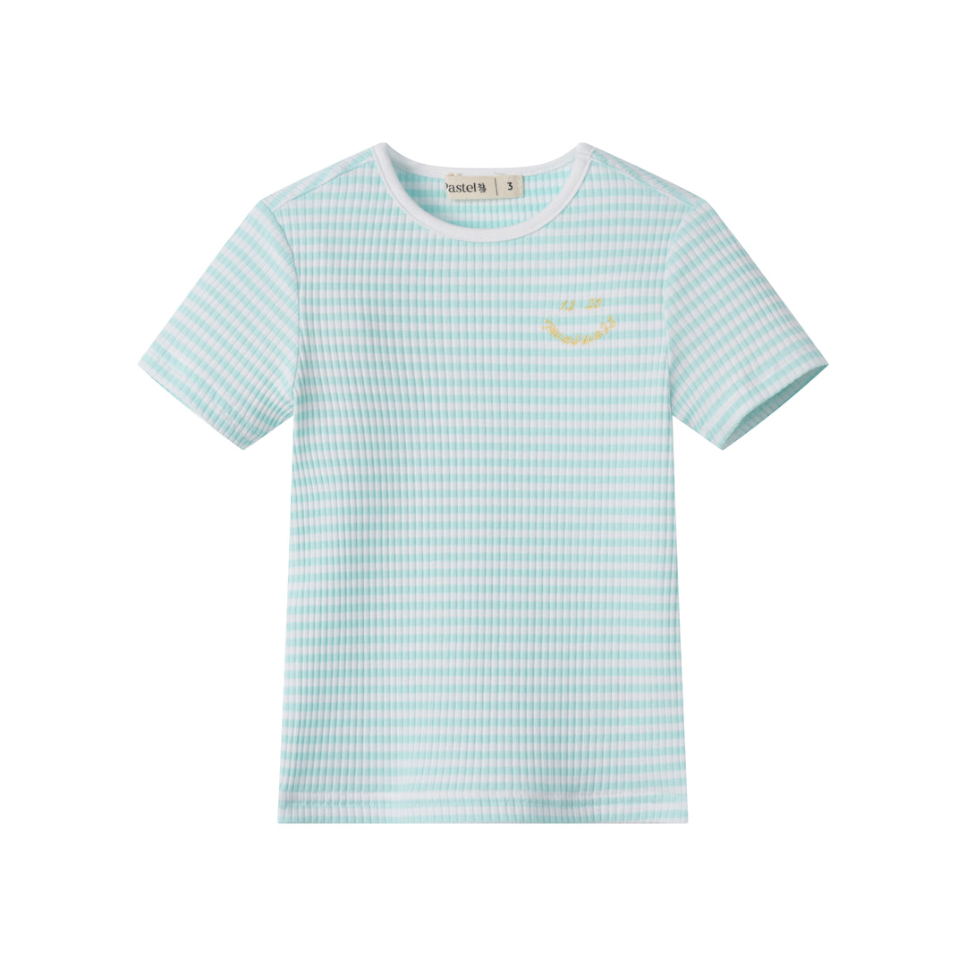 STRIPED RIBBED SHORT SLEEVE T-SHIRT-BLUE STRIPED