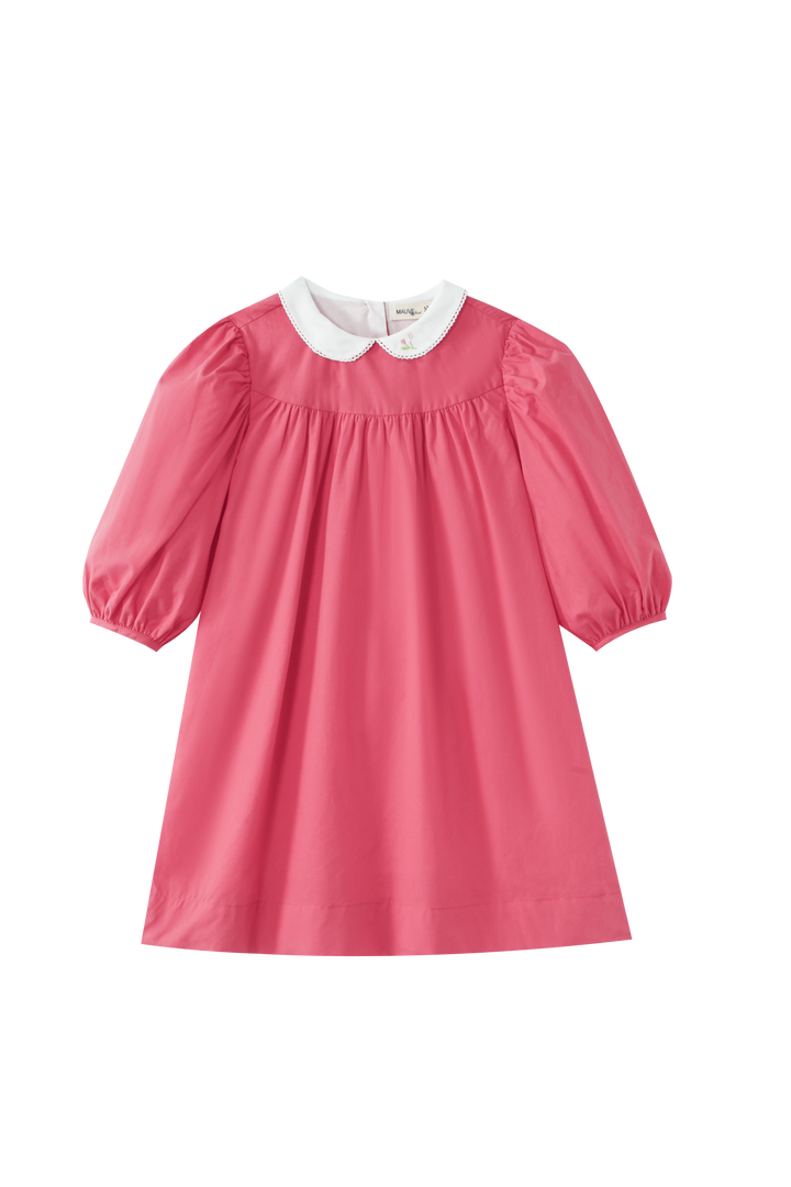 EMBROIDERED COLLAR HIGH YOKE DRESS-HOT PINK