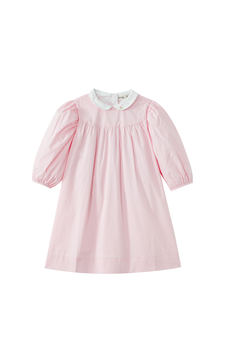 EMBROIDERED COLLAR HIGH YOKE DRESS-LIGHT PINK