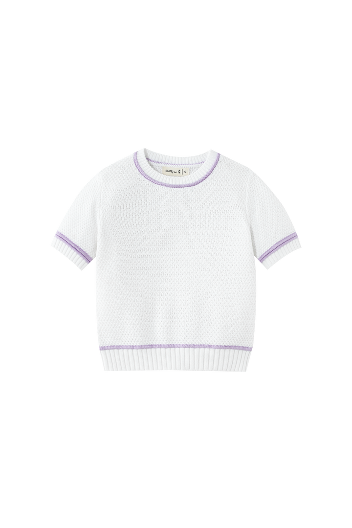 SHORT SLEEVE SWEATER WITH TRIM-WHITE/LAVENDER