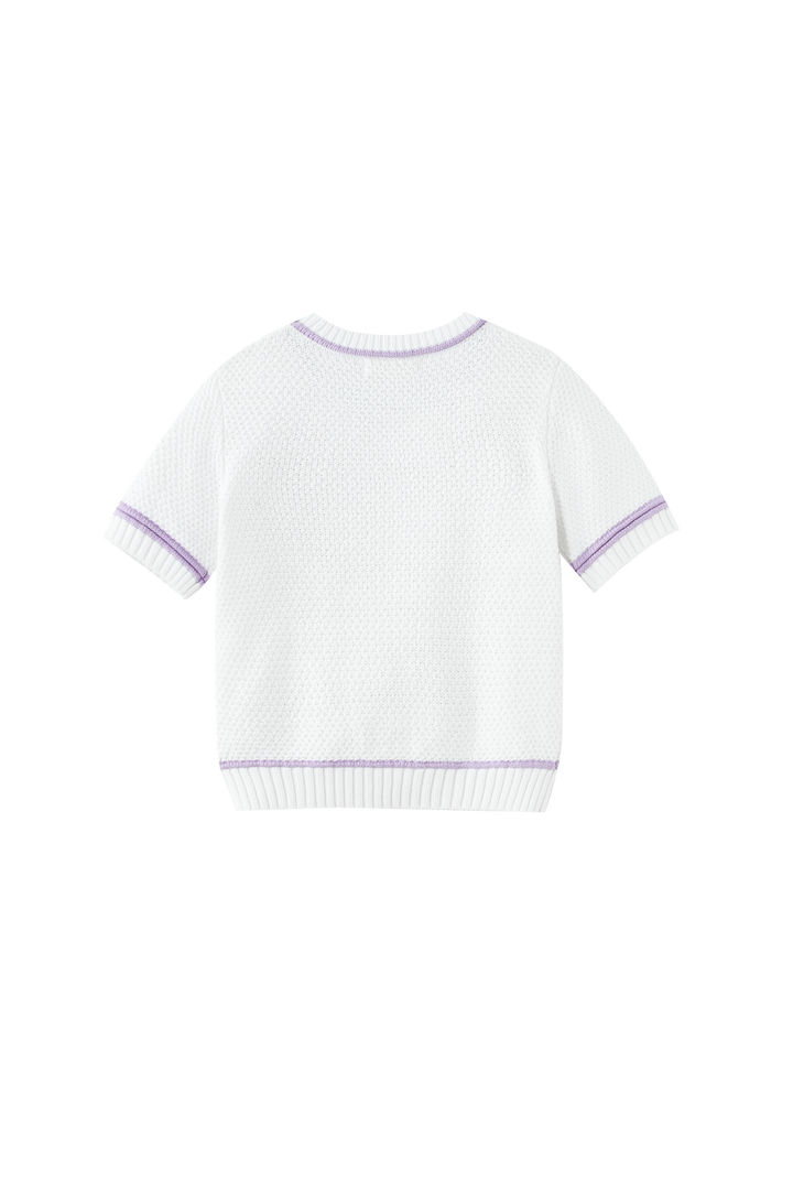 SHORT SLEEVE SWEATER WITH TRIM-WHITE/LAVENDER