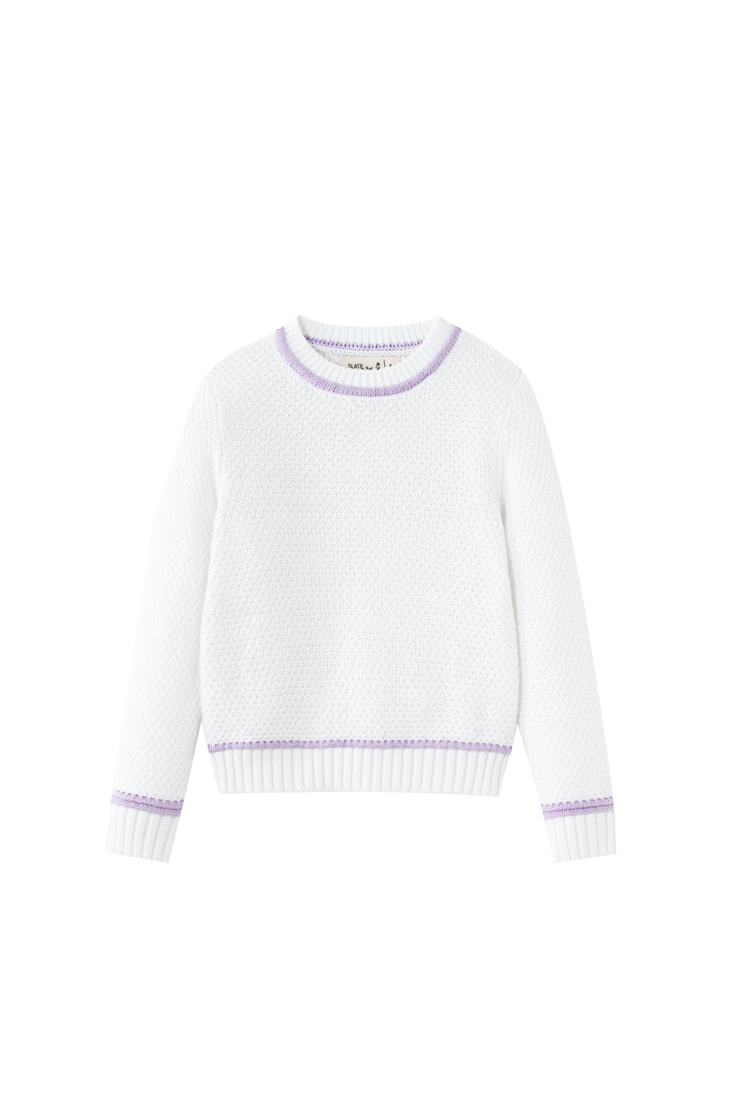 LONG SLEEVE SWEATER WITH TRIM-WHITE/LAVENDER