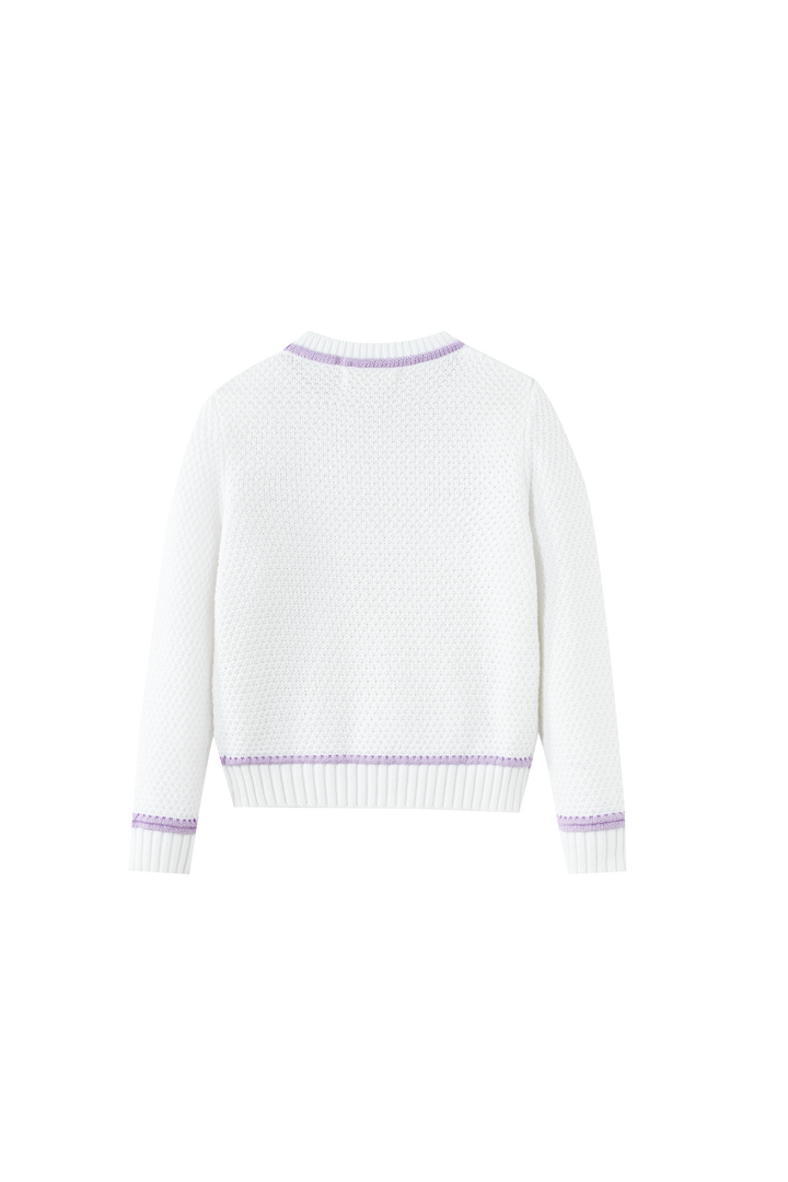 LONG SLEEVE SWEATER WITH TRIM-WHITE/LAVENDER