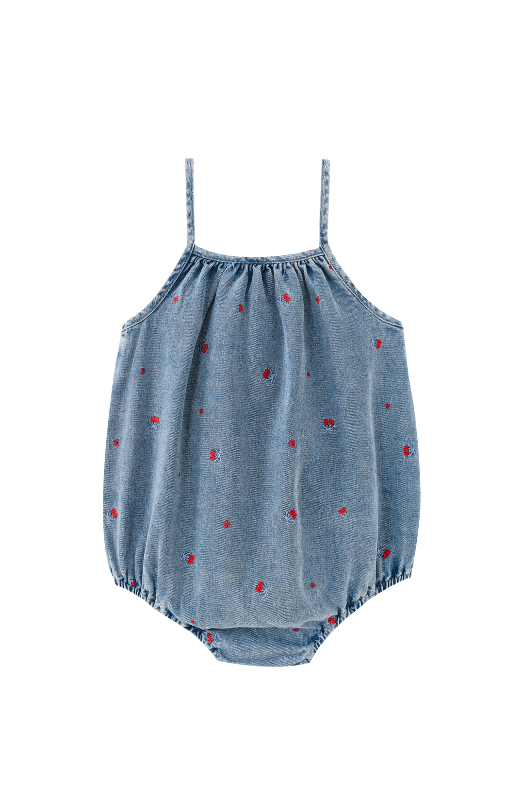 ROMPER WITH CHERRY EMBROIDERY-CHAMBRAY