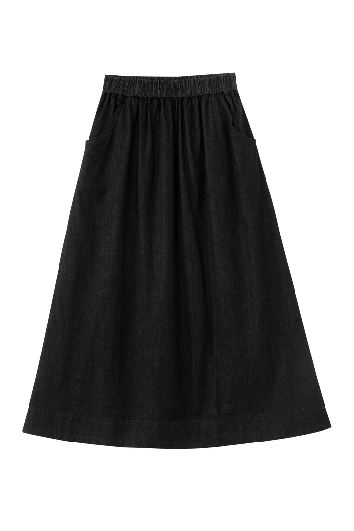 MIDI SKIRT WITH RUBBER WAIST-BLACK DENIM
