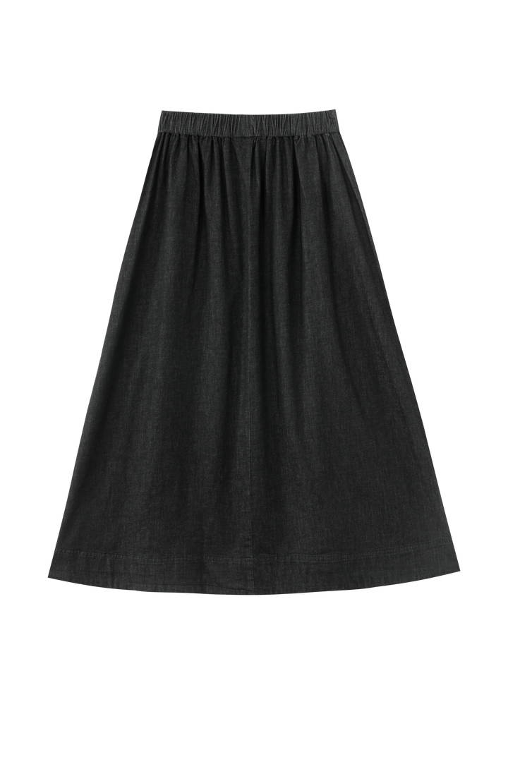 MIDI SKIRT WITH RUBBER WAIST-BLACK DENIM