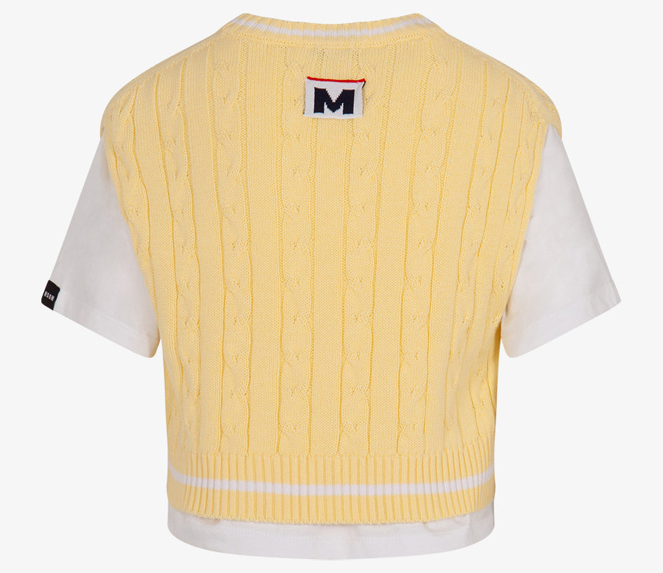 JGTH034-KNITTED GILET COMBO JERSEY T-SHIRT GIRL-WHITE/LEMONADE