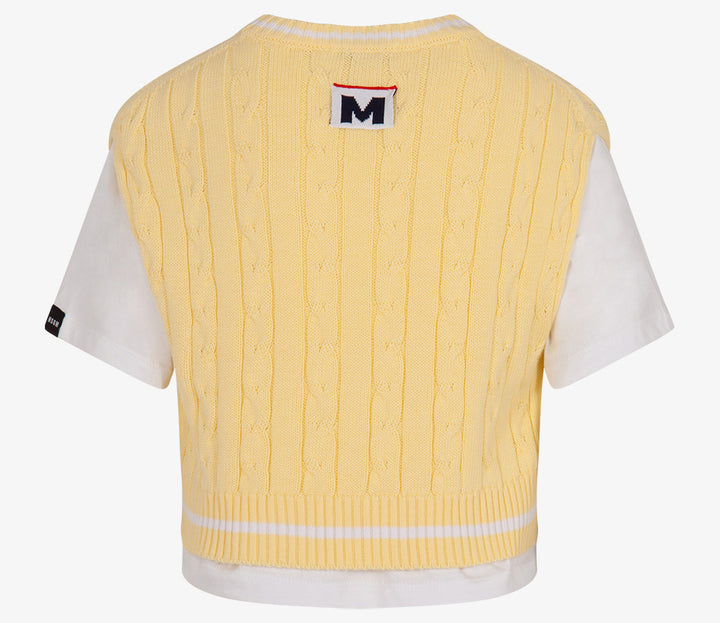 JGTH034-KNITTED GILET COMBO JERSEY T-SHIRT GIRL-WHITE/LEMONADE
