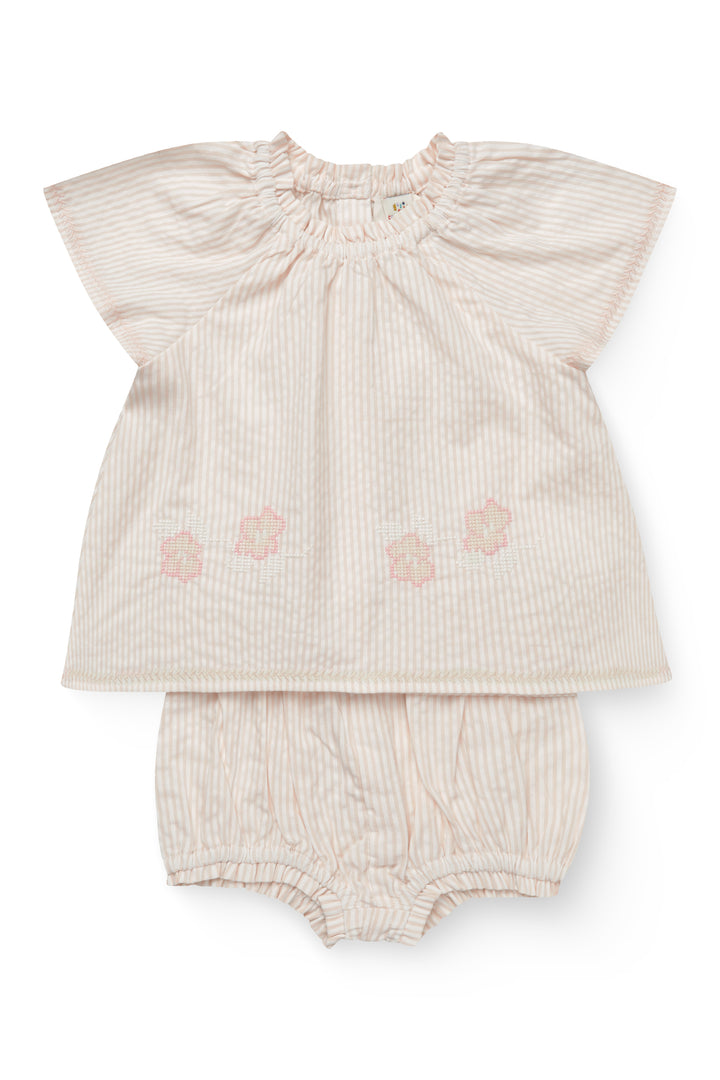261-200-509 SEERSUCKER BABY-SET W. EMBROIDERY - DUSTY ROSE W CREAM STRIPE W FLOWER