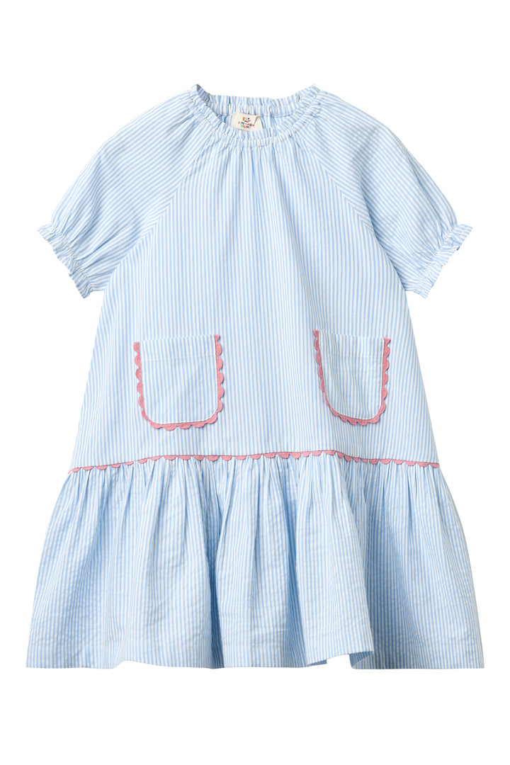 261-200-502 SEERSUCKER DRESS W. POCKETS - SKY BLUE W CREAM STRIPE