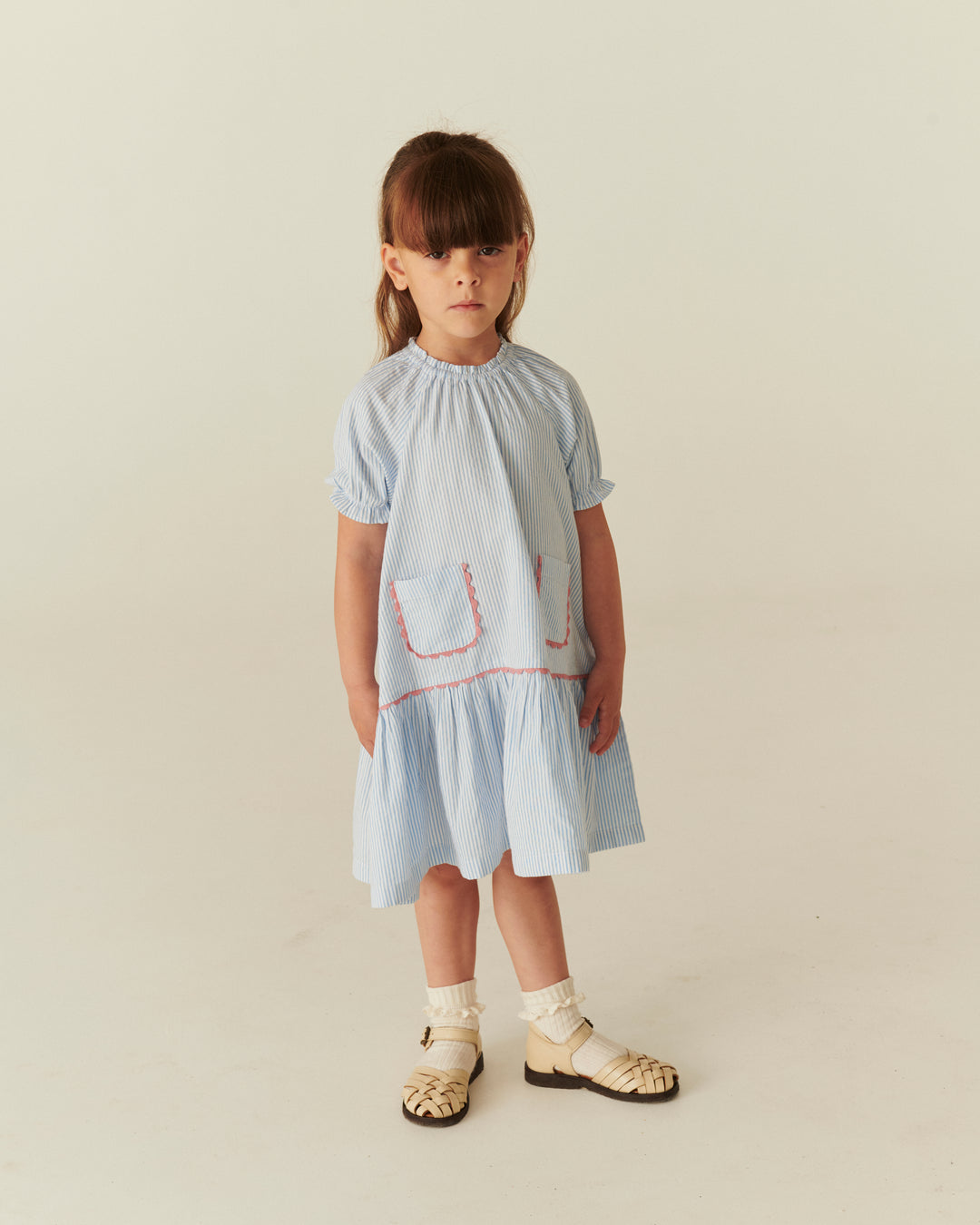 261-200-502 SEERSUCKER DRESS W. POCKETS - SKY BLUE W CREAM STRIPE
