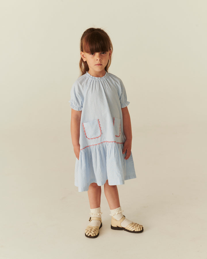 261-200-502 SEERSUCKER DRESS W. POCKETS - SKY BLUE W CREAM STRIPE