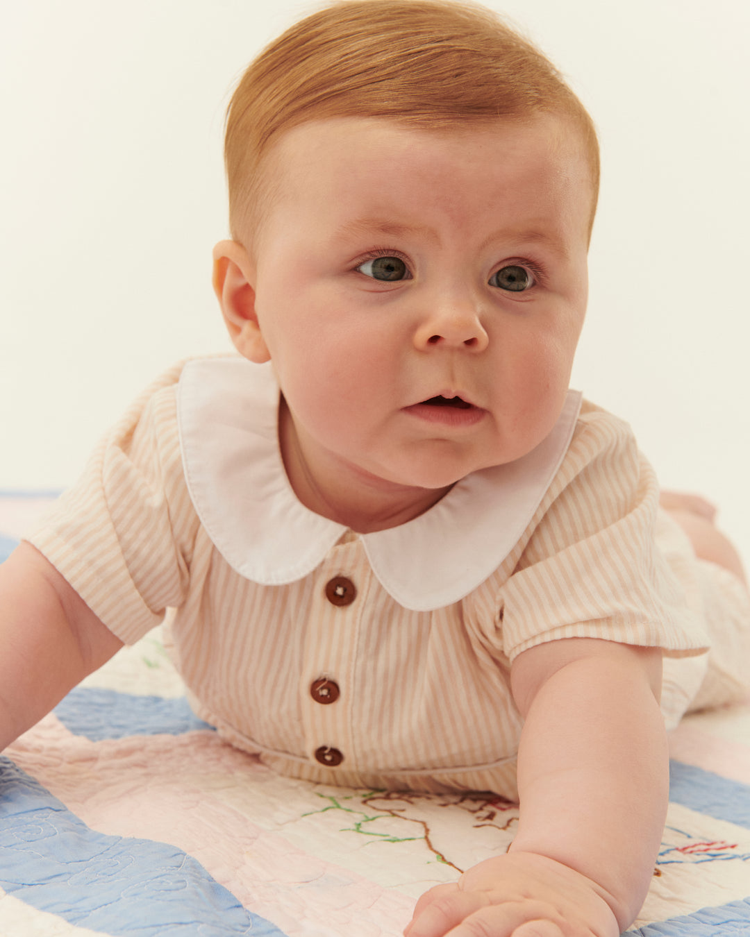 261-200-503 SEERSUCKER ROMPER W. COLLAR - DUSTY ROSE W CREAM STRIPE