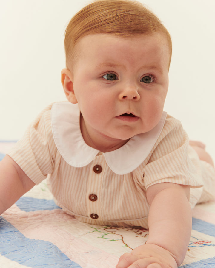 261-200-503 SEERSUCKER ROMPER W. COLLAR - DUSTY ROSE W CREAM STRIPE