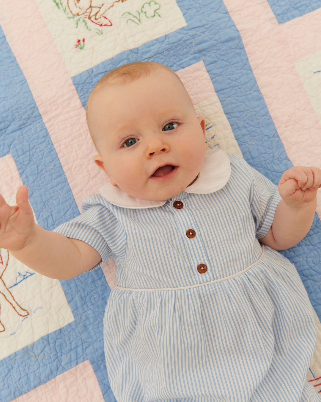 261-200-503 SEERSUCKER ROMPER W. COLLAR - SKY BLUE W CREAM STRIPE