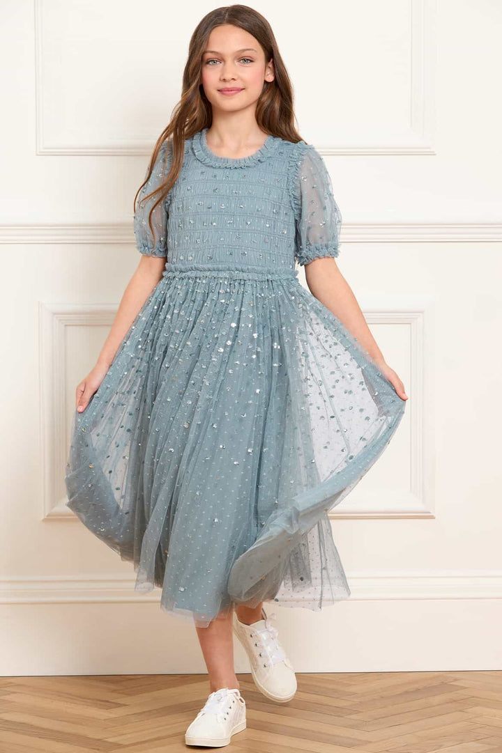 SEQUIN GISELLE KIDS DRESS-THISTLE BLUE
