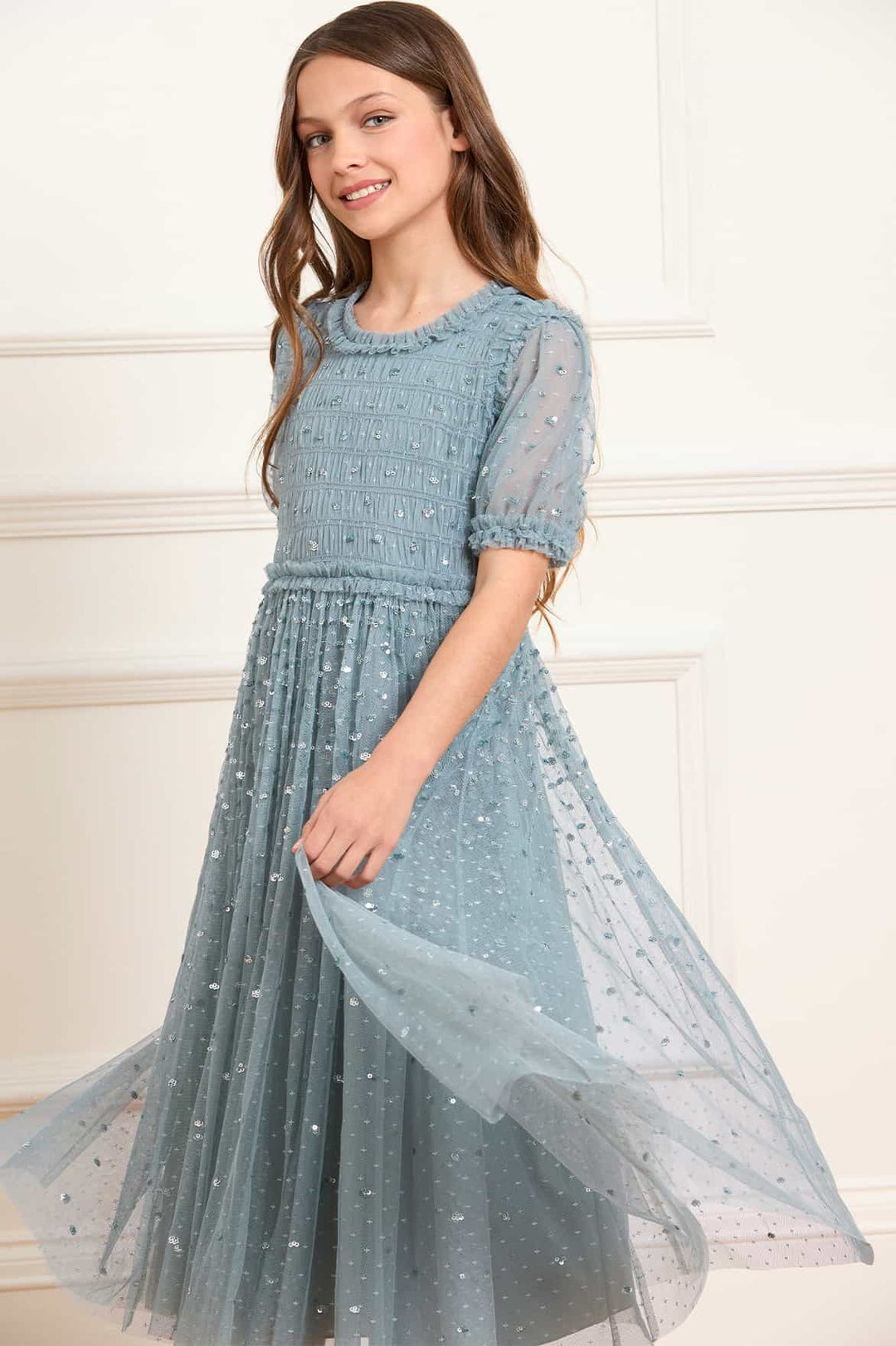 SEQUIN GISELLE KIDS DRESS-THISTLE BLUE