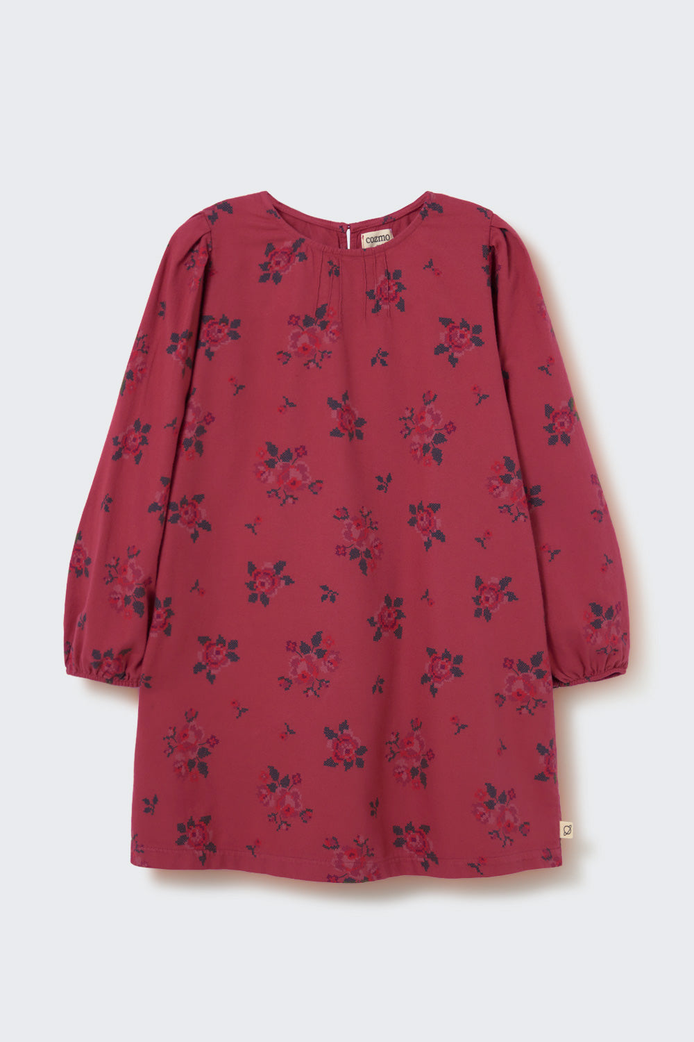 SIRAK317W6 CROSS STITCH FLORAL FLANNEL DRESS - PRUNE