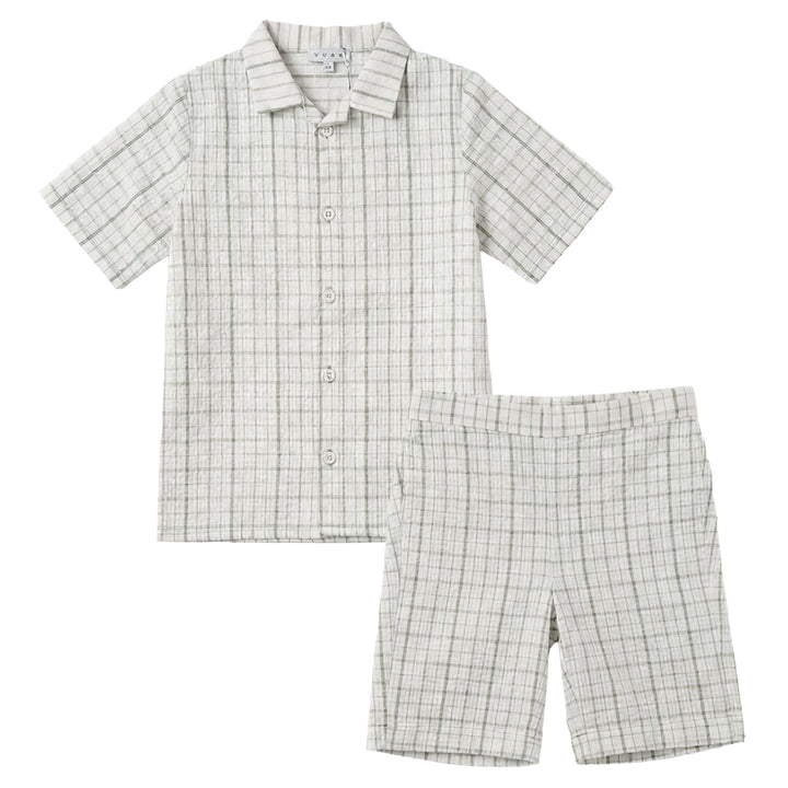SOVER PLAID SHIRT WITH PULL ON SHORTS-CREAM/GREEN