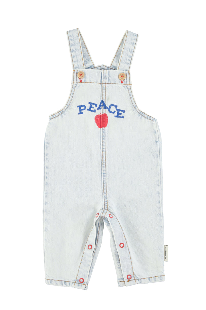 SS26.BB2611A-BABY DUNGAREES - WASHED LIGHT BLUE DENIM W/ "PEACE" PRINT