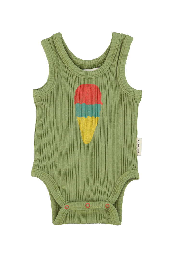 SS26.JRS2603-SLEEVELESS BODYSUIT - OLIVE W/ ICE CREAM PRINT