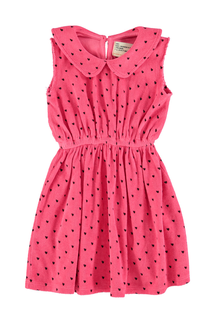 SS26.JRS2621-SHORT DRESS W/ COLLAR - PINK W/ BLACK HEARTS ALLOVER