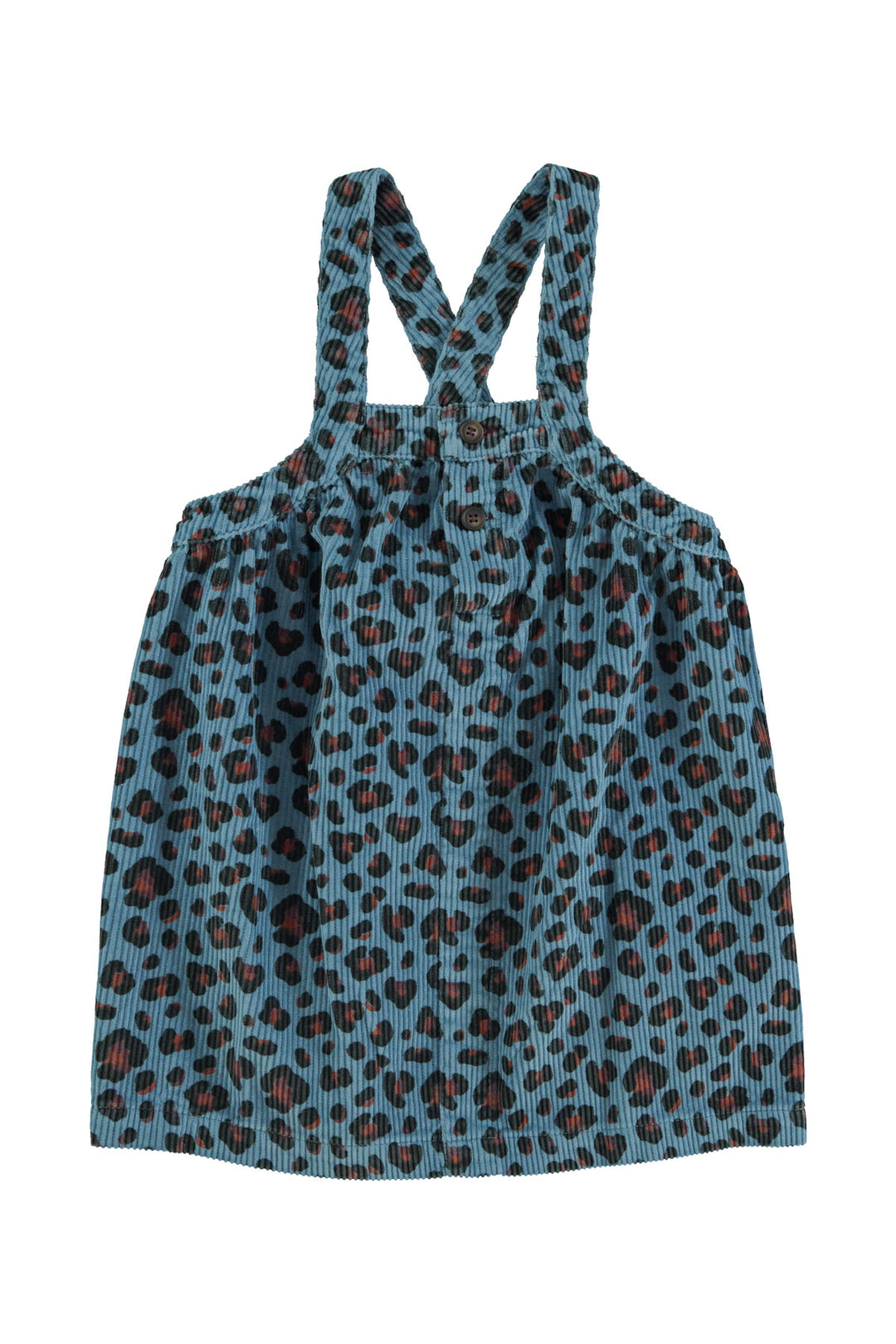 AW25.MN2513A  USA-Knee-lenght dress w/ straps | Blue w/ animal print-blue| cotton corduroy