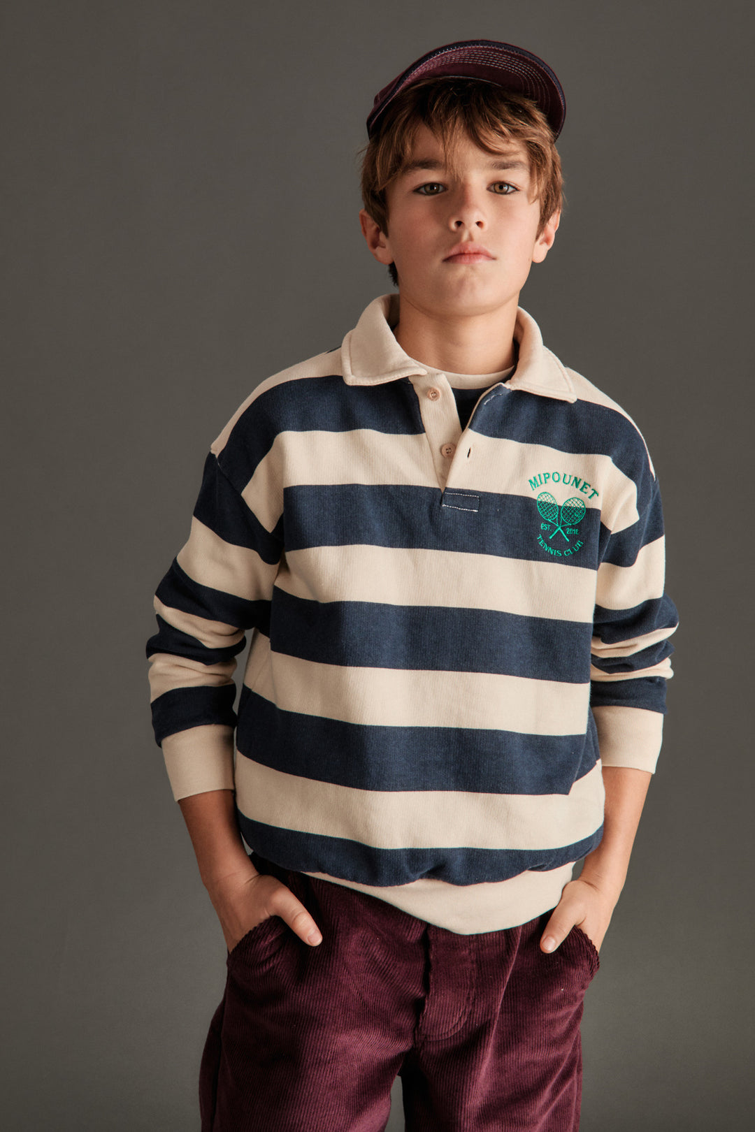 WHOOPI POLO SWEATSHIRT LIMITED - ORGANIC COTTON FLECCE (ECRU / BLUE)