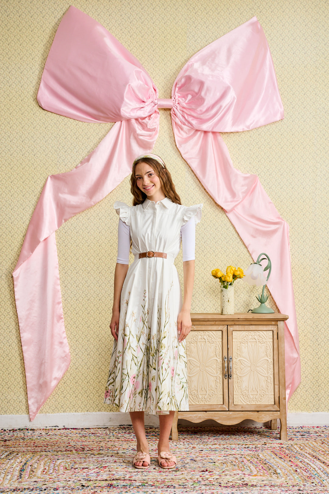 T-1216 BUTTON DOWN JUMPER WITH RUFFLED CAP SLEEVES AND FLORAL BORDER - FLORAL