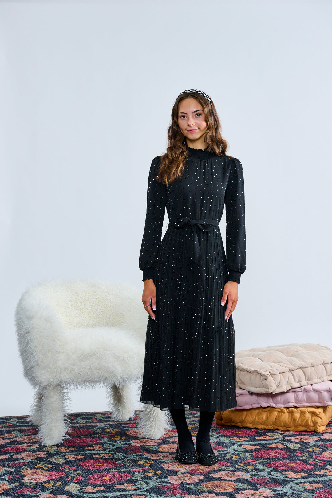 T-1342 BLACK SPARKLE CHIFFON W/ PLEATED WAIST DRESS