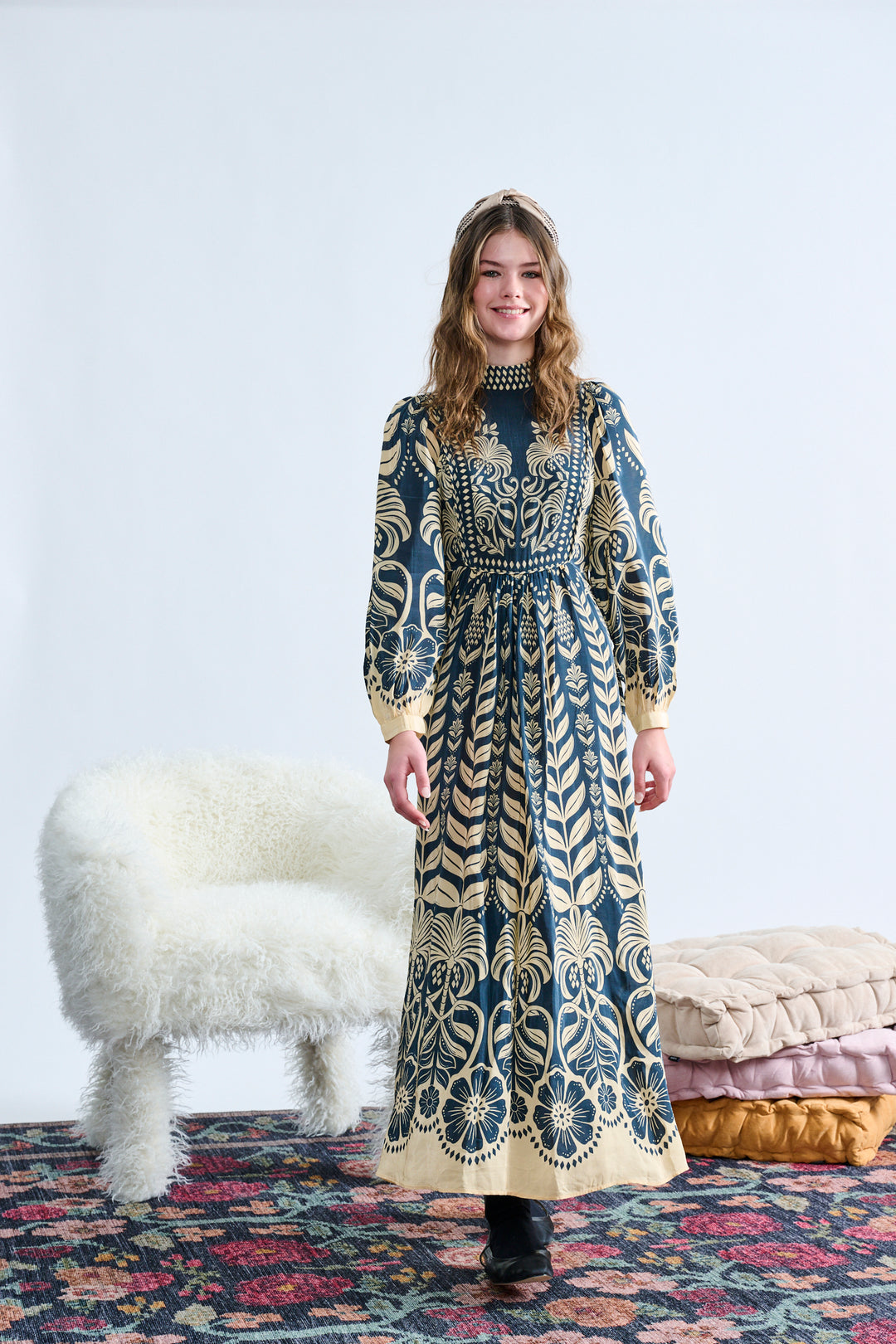 T-1405 STEEL BLUE W/ CREAM FLORAL LARGE PRINT DRESS