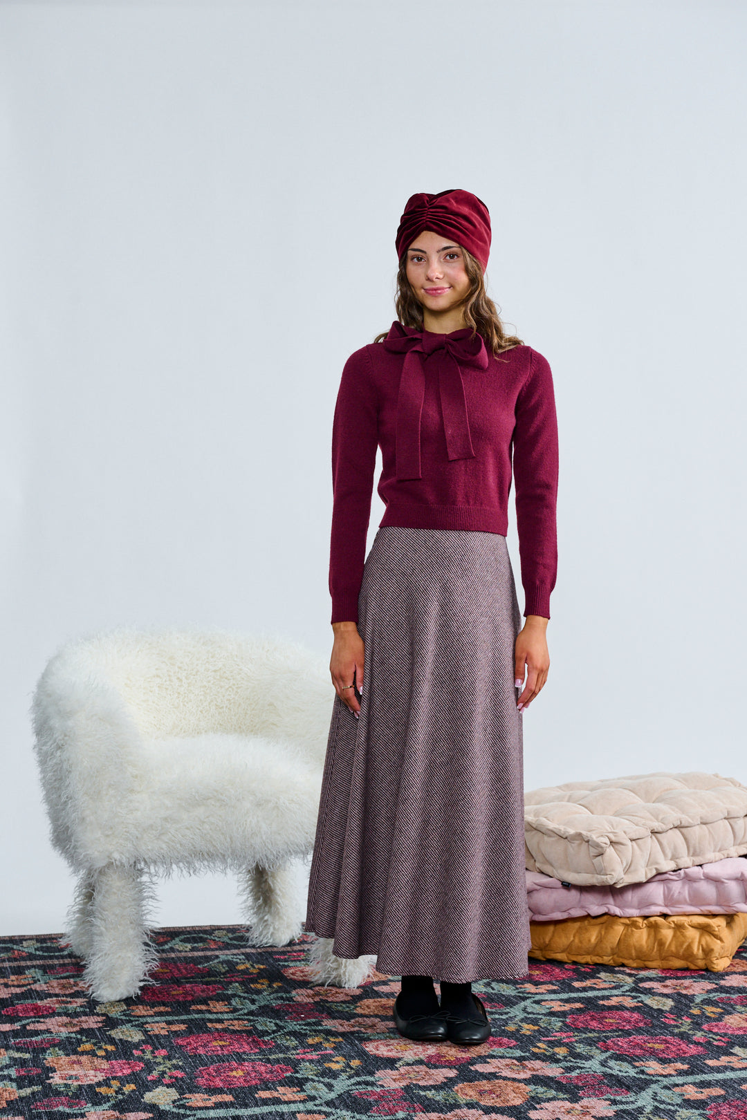 T-1411 MAROON BLACK HOUNDSTOOTH WOOL A-LINE SKIRT