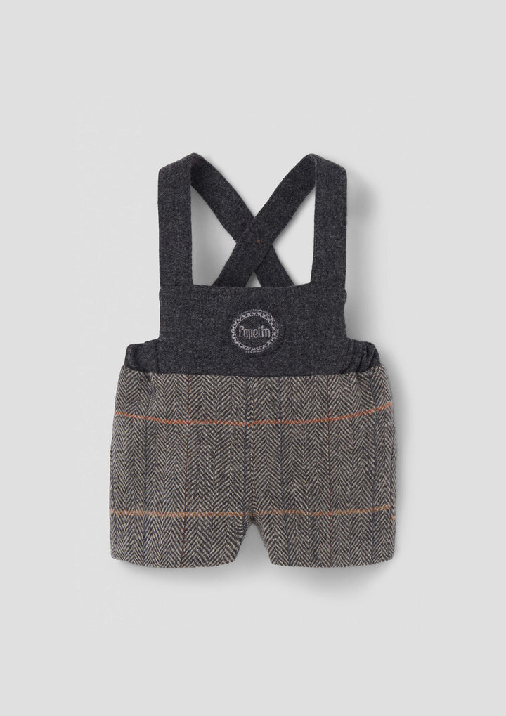 MOD.8.3 GREY HERRINGBONE WOOLLEN SHORT DUNGAREES WITH EMBROIDERY APPLIQUÉ