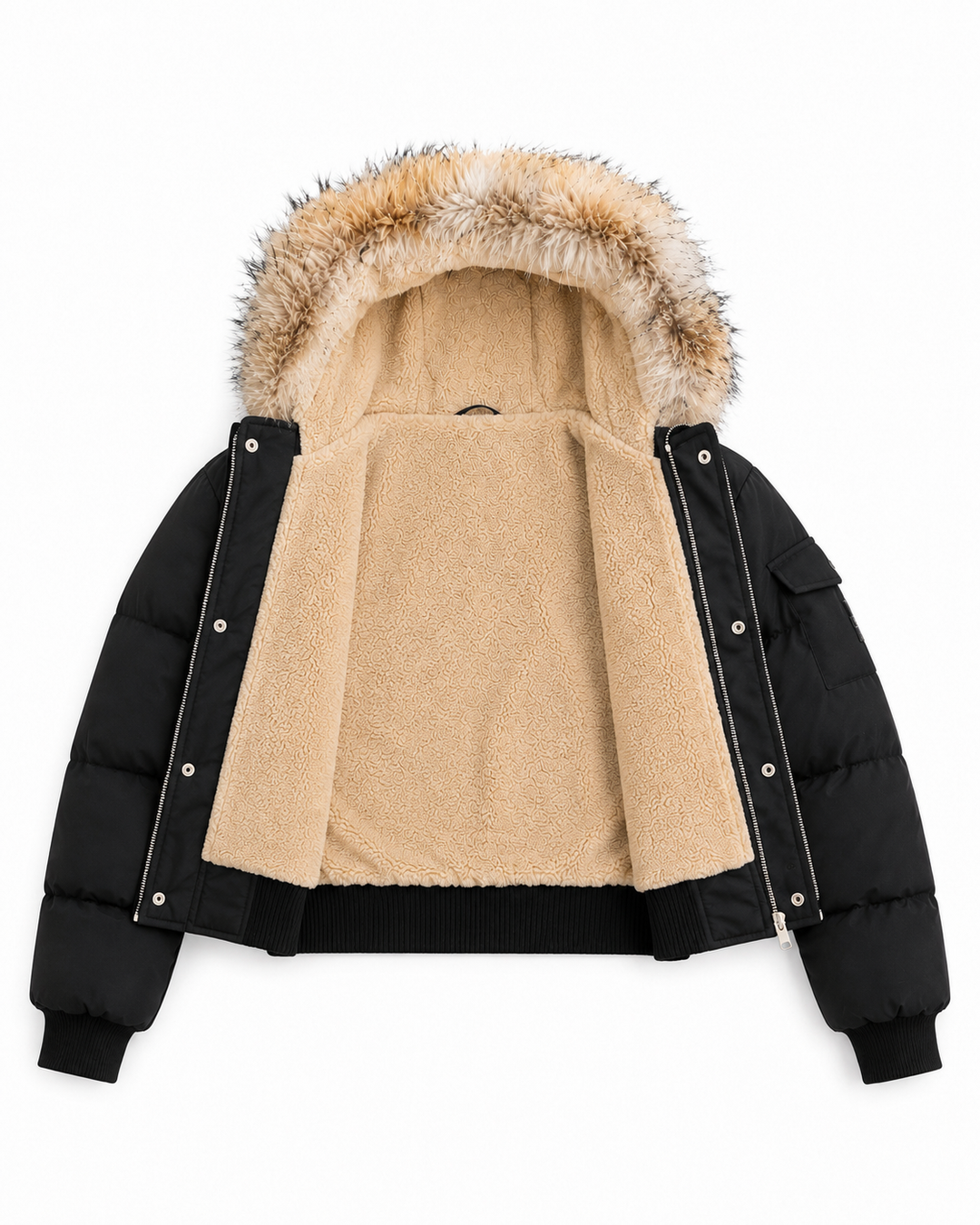T49 Black Teen Fur-Trim Bomber Down Coat with Fleece Lining