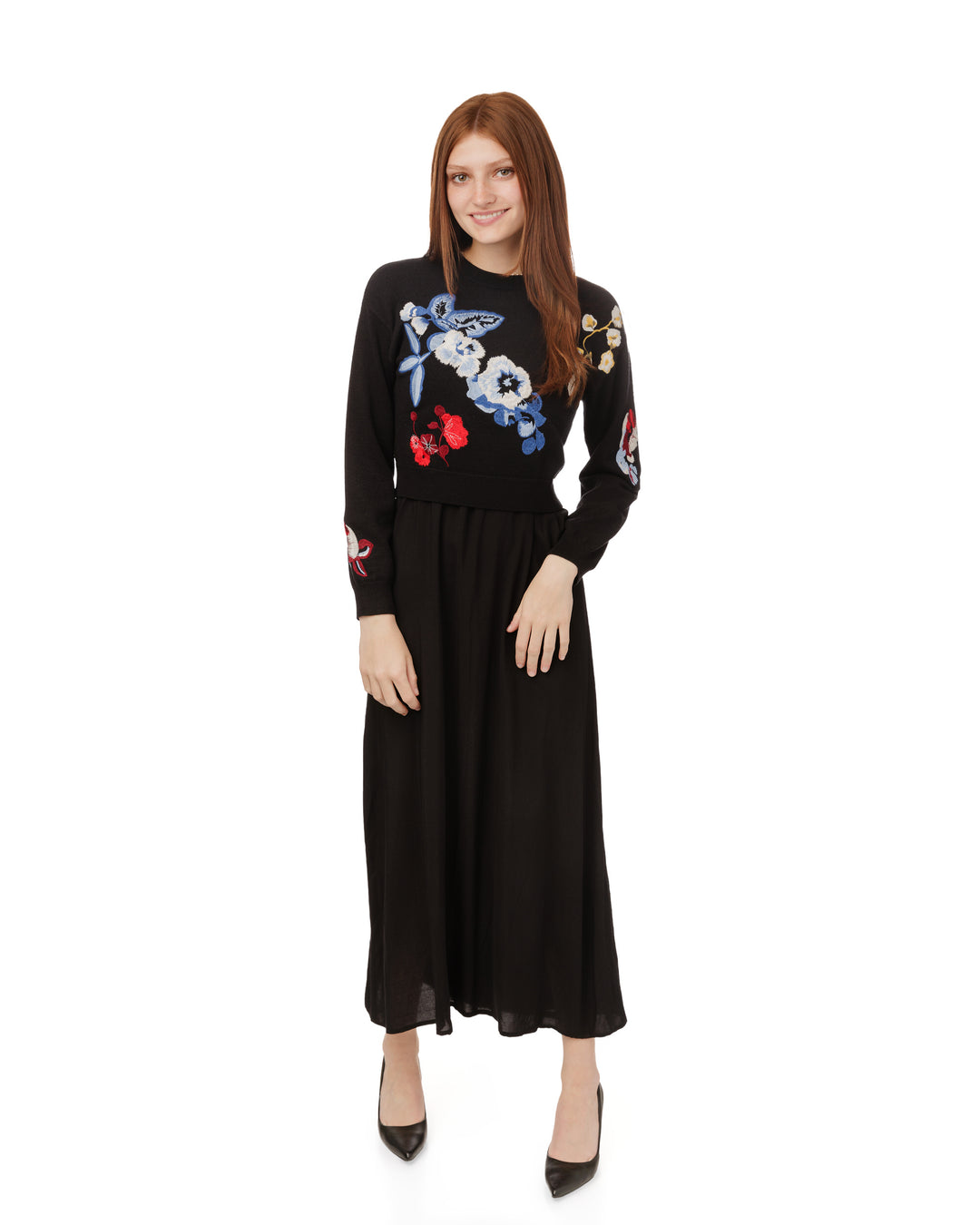 TW5662D-A-Black Wool Dress With Floral Embroidered Knit Overlay