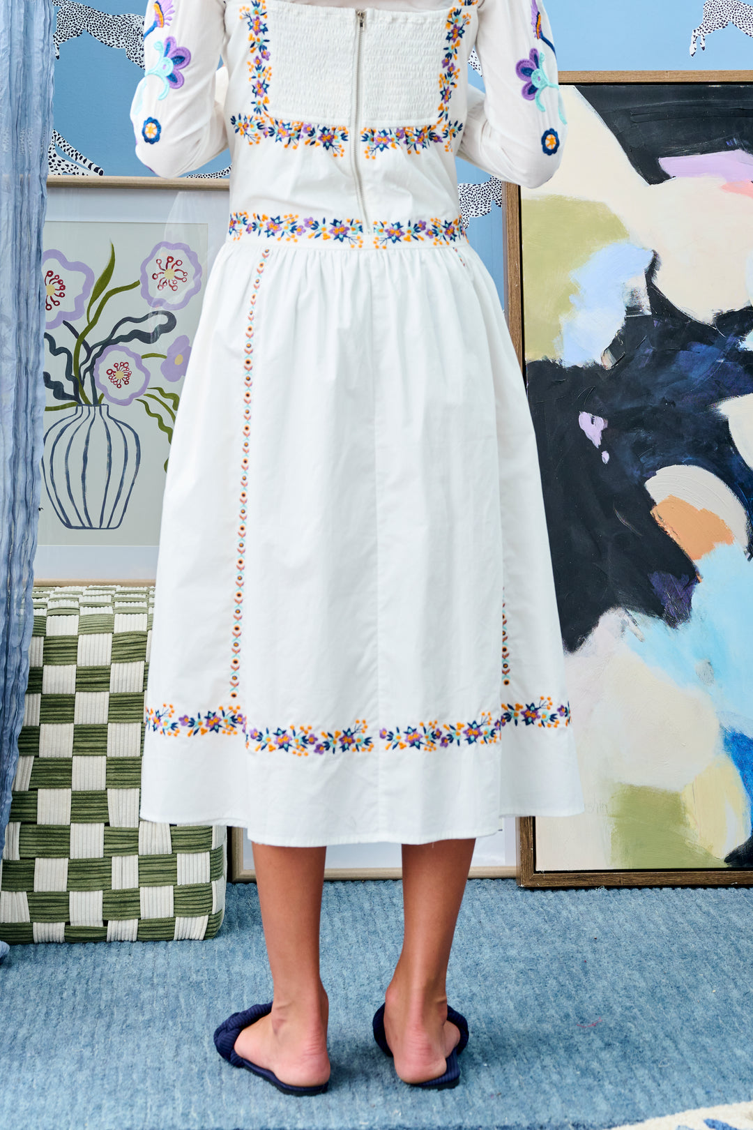 T-1000-LIGHT BLUE/WHITE/RED FLORAL DESIGN LINEN DRESS