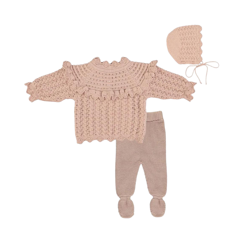 Silvia Sweater/Footed Legging/Bonnet SET -Dusty Pink