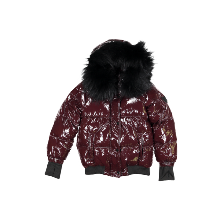 GIRLS BOMBER-BSHINY BURGUNDY-Black Fur