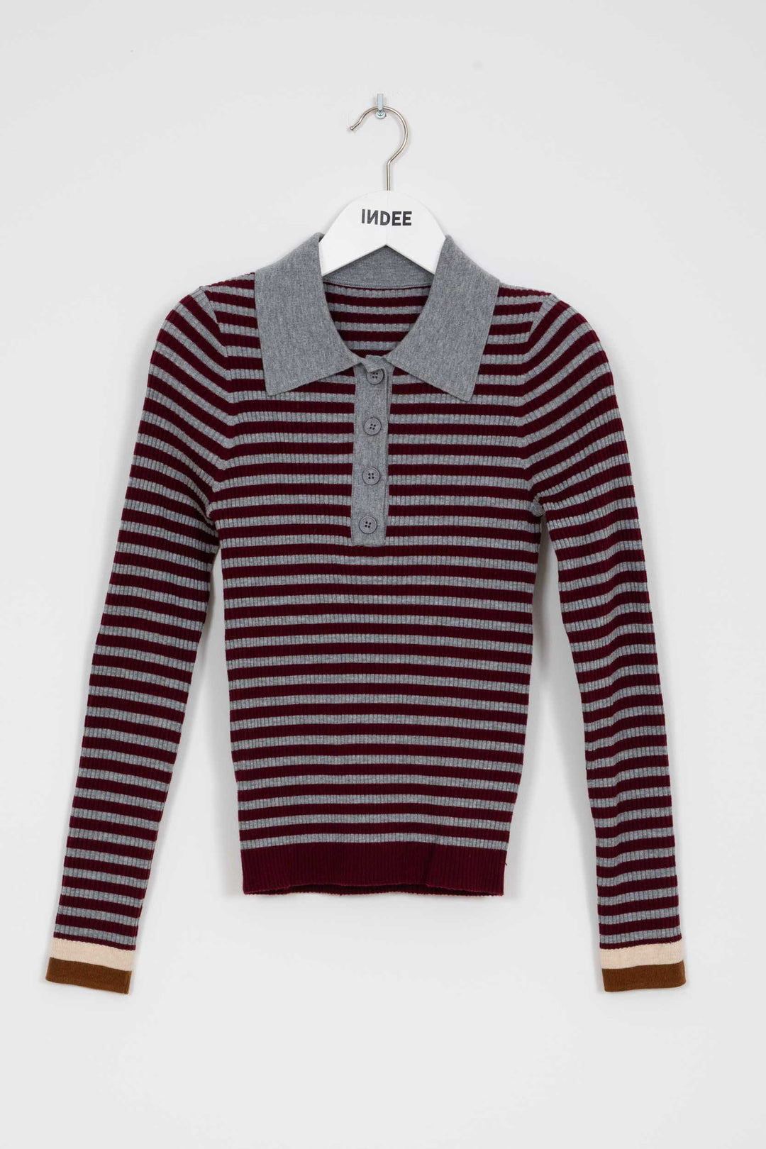 WALLABY FITTED STRIPED POLO COLLAR PULLOVER - MERLOT RED
