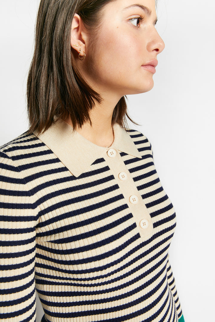 WALLABY FITTED STRIPED POLO COLLAR PULLOVER - NAVY